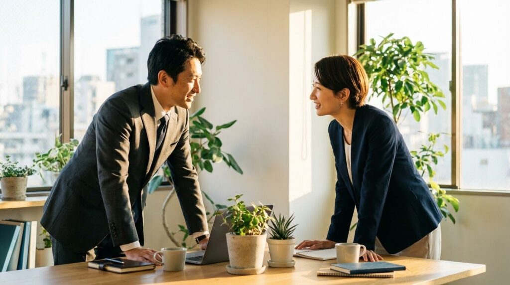 穏やかな表情で向き合い対話をしている日本人の同僚たち。相手を尊重し傾聴することが、正論を伝えるときの注意点とコツであることを表現している。
