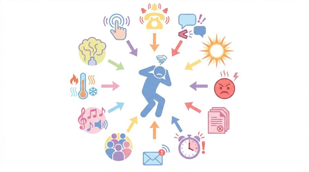 集中力を阻害する外部刺激のイメージ図。中心にいる人物に対し、電話の音、話し声、光、他者の感情などの刺激が全方向から押し寄せている様子。