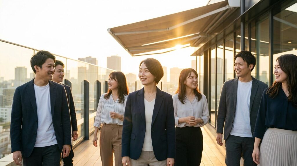 自信に満ちた表情で同僚と歩く日本人社員たち。なめられる人は優秀であるという結論と、正当な評価を得た未来を象徴している様子。