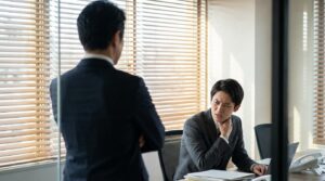 オフィスで横柄な態度をとる上司に困惑する部下の様子。人をなめている人の特徴的な態度と職場の緊張感を表現している。