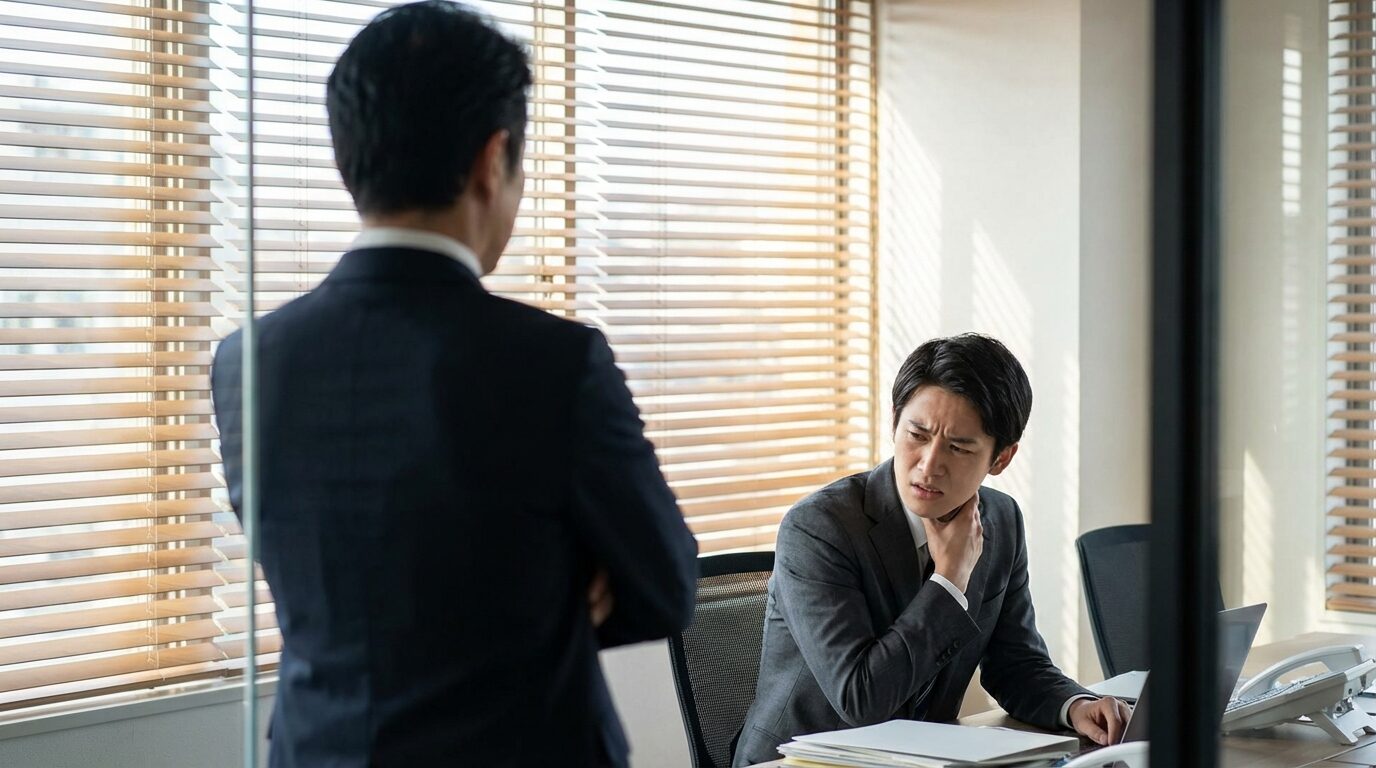 オフィスで横柄な態度をとる上司に困惑する部下の様子。人をなめている人の特徴的な態度と職場の緊張感を表現している。