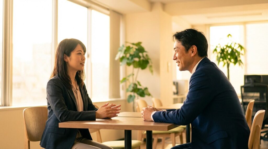 職場で上司に対し、嘘をつかず誠実な態度で対話をする日本人女性部下。本質を見抜く人への適切な対処法として、正直さと信頼関係の構築が重要であることを示している。