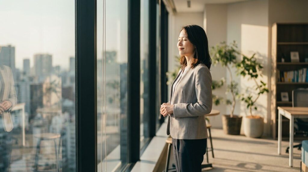オフィスの窓際で深呼吸をして心を落ち着かせている日本人女性。正論を振りかざす人への効果的な対処法として、心理的な距離を取り冷静さを保つ様子を描いている。