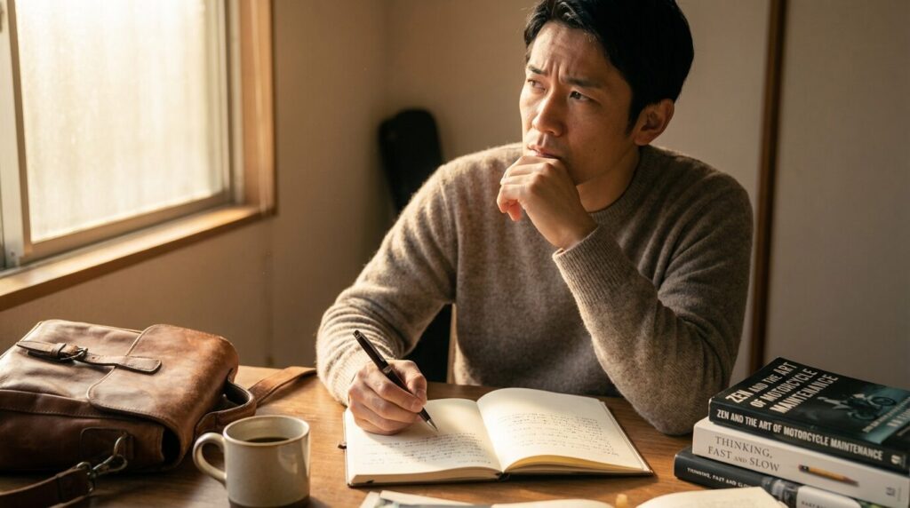 ノートに向かい合い、物事の根本原因を深く掘り下げて考えている日本人男性。日常的に疑問を持ち思考する習慣が、本質を見抜く力を養う方法であることを表現している。
