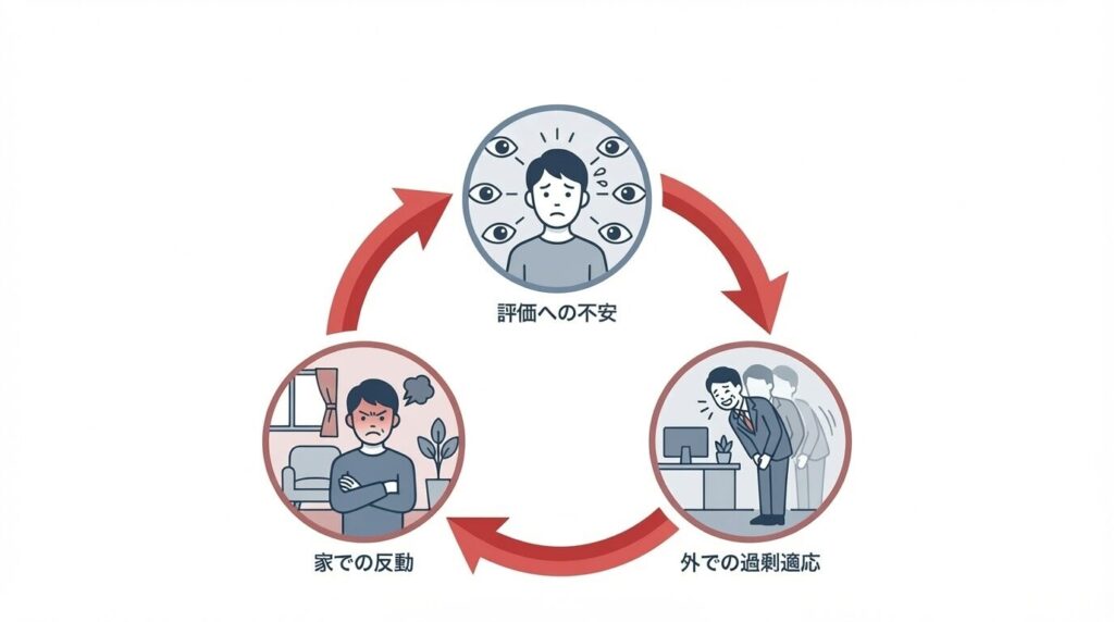 他者評価への不安が外での過剰適応を生み、そのストレスの反動で家庭内での不機嫌につながる悪循環を示すサイクル図