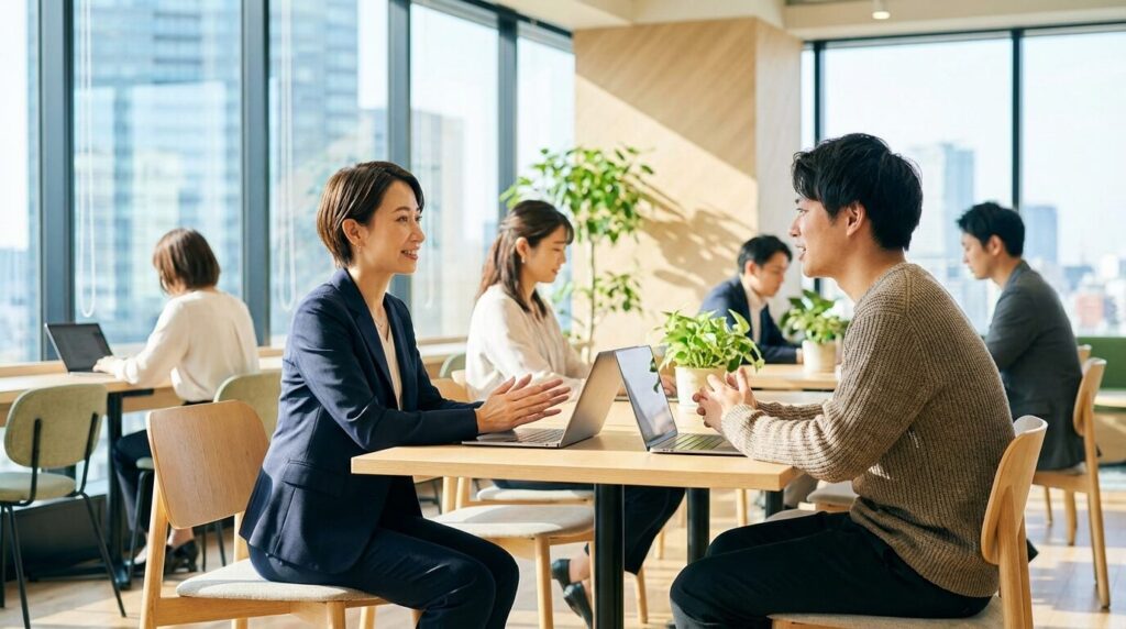 オフィスで部下の話に耳を傾け穏やかに接している日本人女性の上司。声が小さい人にイライラするときの対処法として、相手のペースを尊重する姿勢を表している。