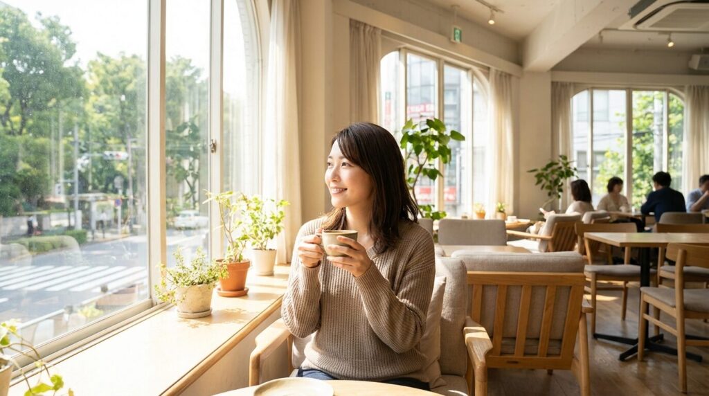 カフェで一人穏やかな時間を過ごし、心の平穏を取り戻している日本人女性。人を苦しめる人への具体的な対処法として、物理的かつ心理的な距離を置くことの重要性を示している。
