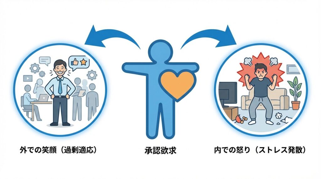 強い承認欲求が根本原因となり、外での過剰な適応行動と内輪でのストレス発散行動を引き起こしていることを示す概念図