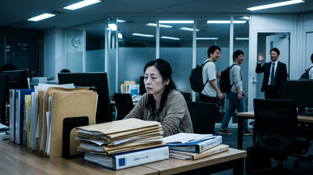 大量の仕事を一人で抱え込み疲弊している日本人女性社員。なめられる人が損をする状況として雑用を押し付けられている様子。