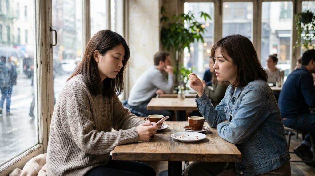 カフェで友人の話を聞かずにスマートフォンを見る女性の様子。人をなめている人の特徴である相手を軽視する態度を表している。