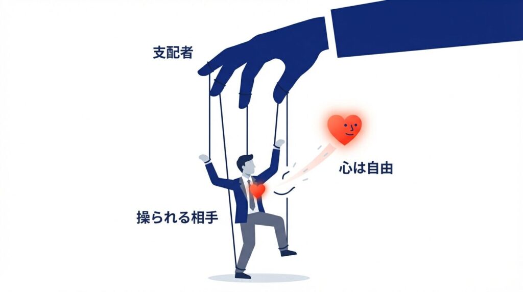 支配と服従の構図を表すイメージ図。なめている人が上から糸で相手を操り人形のように動かそうとしているが、相手の心は離れている様子。