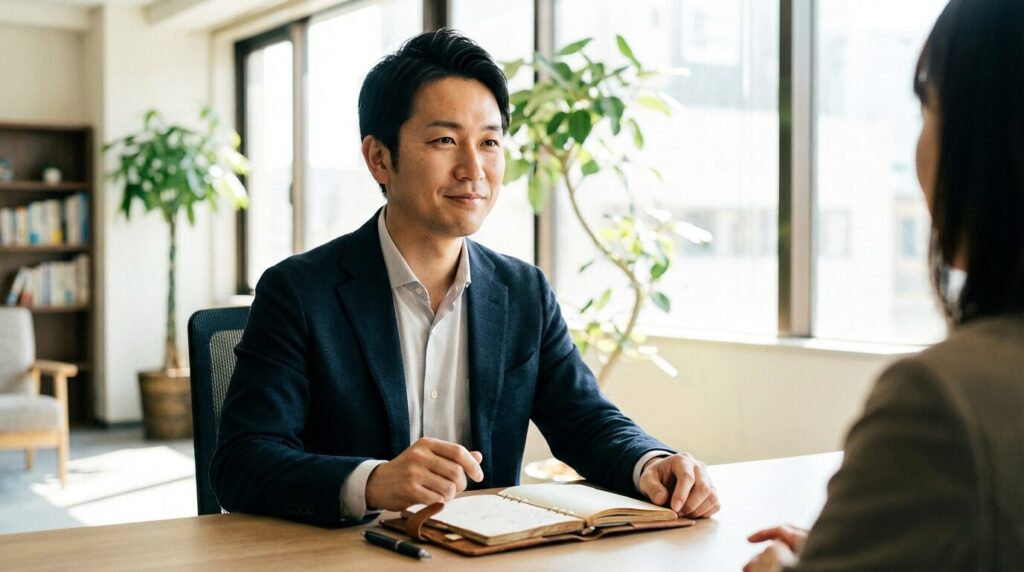 会議室でメモを取りながら、穏やかな表情で相手の話を聞き流している日本人男性。告げ口する人への効果的な対処法として、感情的に反応せず事実を記録し、距離を保つ姿勢。