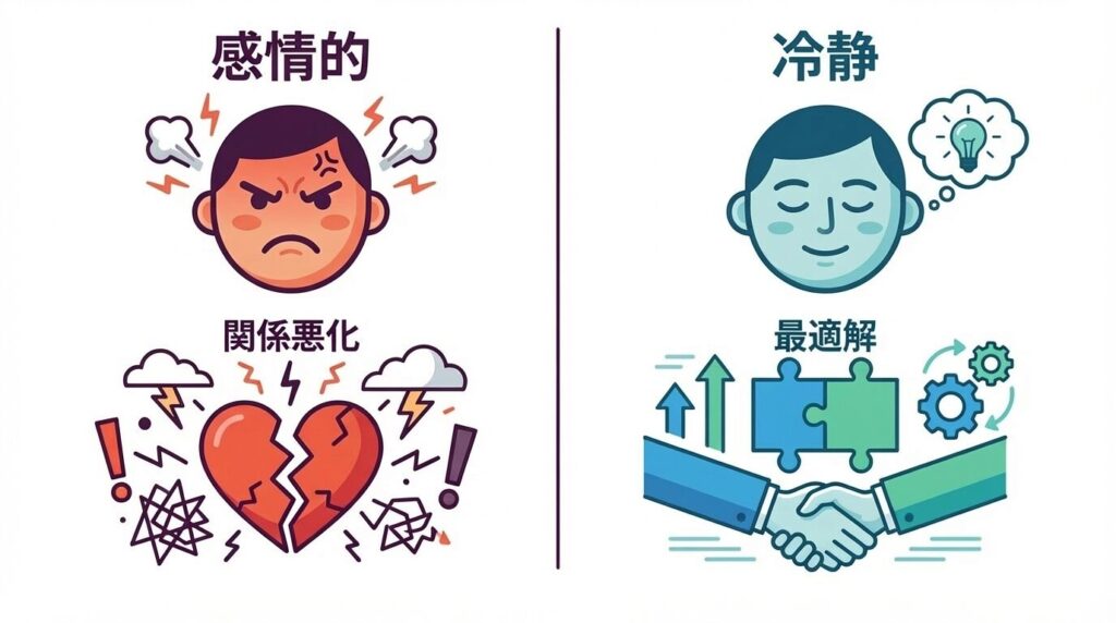 感情的な反応（即座に怒る・対立する）が関係悪化や判断ミスを招くのに対し、冷静な対応（感情制御・状況分析）が関係維持や最適解につながるプロセスを対比させた図