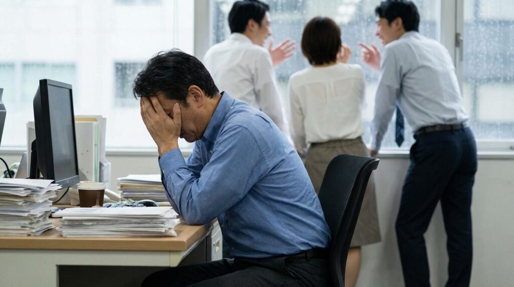 職場で周囲の信頼を失い、同僚から距離を置かれて孤立している日本人男性。人を苦しめた人の末路として、社会的なつながりを失っていく悲哀を表している。