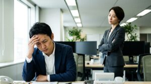 職場で鋭い観察眼を持つ上司に見つめられ緊張する日本人男性社員の様子。本質を見抜く人が怖いと感じる心理的なプレッシャーとオフィスの緊張感を表現している。