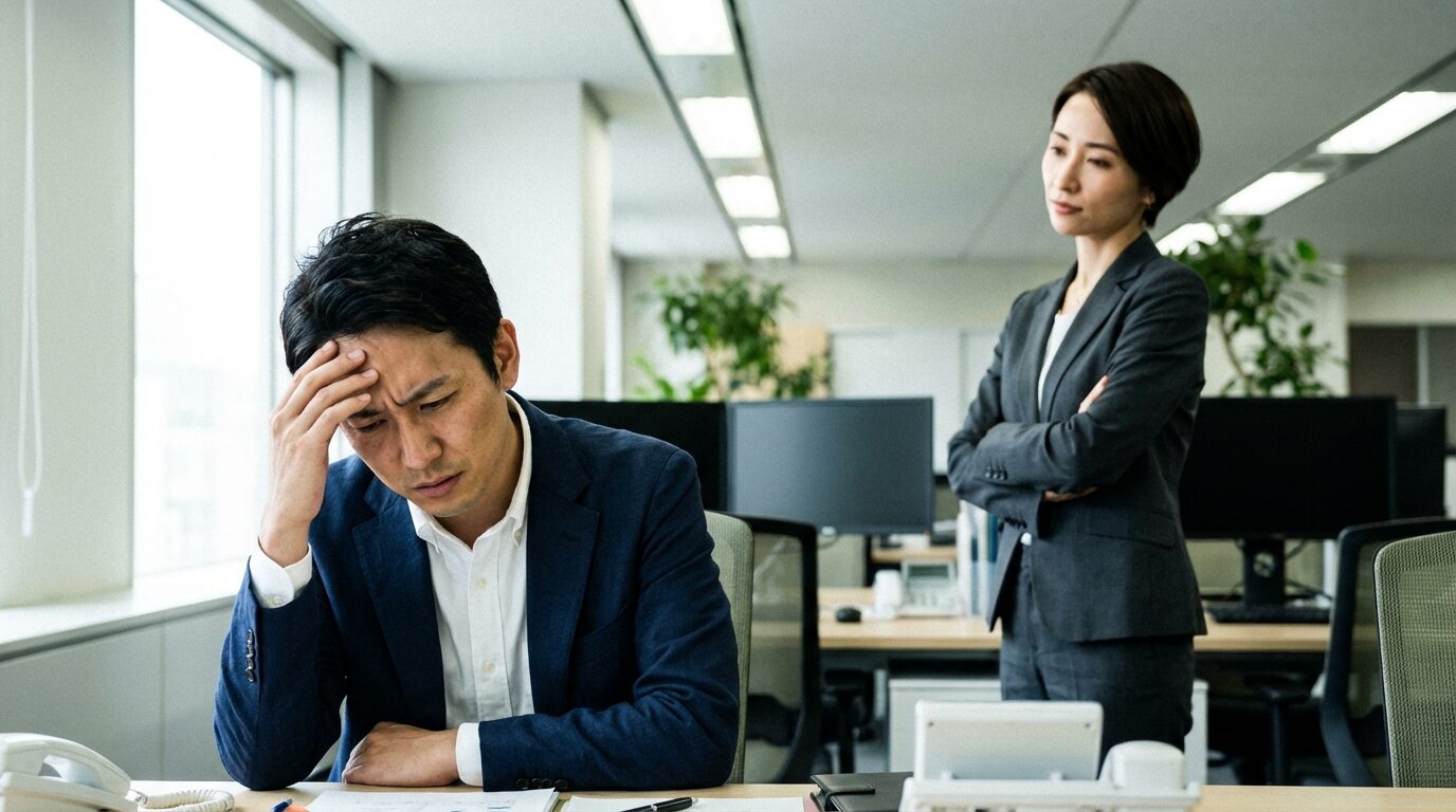職場で鋭い観察眼を持つ上司に見つめられ緊張する日本人男性社員の様子。本質を見抜く人が怖いと感じる心理的なプレッシャーとオフィスの緊張感を表現している。