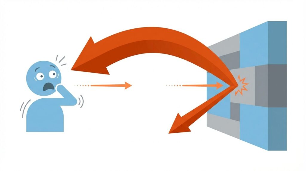 告げ口という攻撃の矢印を他者に向けて放っているつもりが、壁に反射して、有事の際には防御の欠如という形で巨大な矢印となって自分自身に返ってくる構図のイメージ図