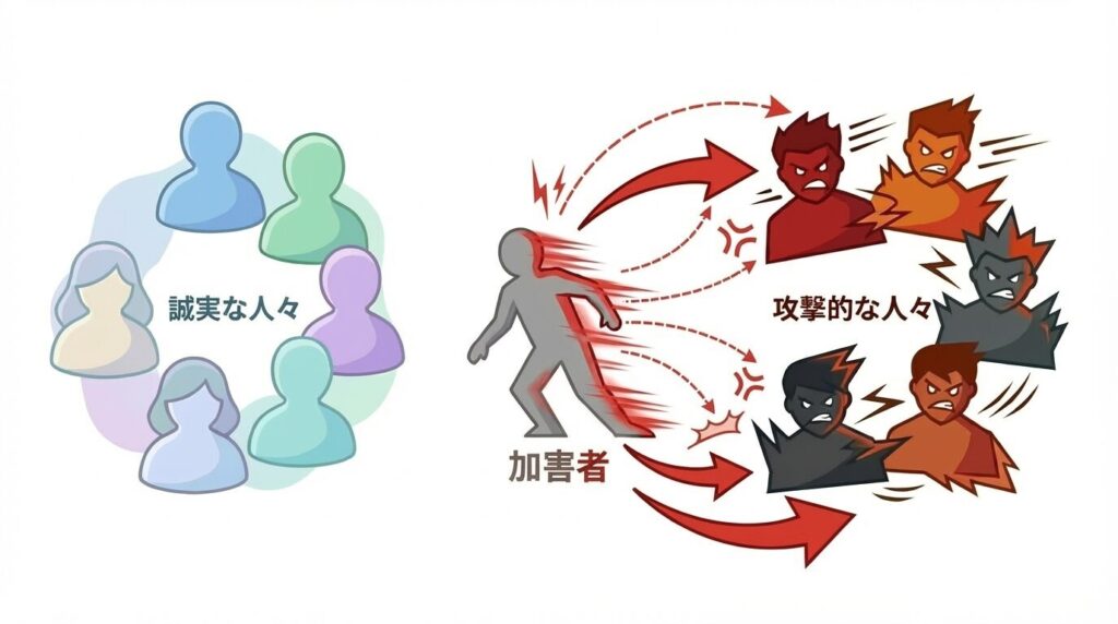 誠実な集団と攻撃的な集団に分かれ、加害者が自分と似た攻撃的な集団に吸い寄せられる様子を示した図