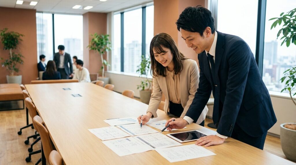 ミーティングで資料を見ながら穏やかに意見を交わしている日本人のビジネスパーソンたち。字が小さいことのメリットである信頼感と、デメリットとなり得る視認性について考えているビジネスシーン。