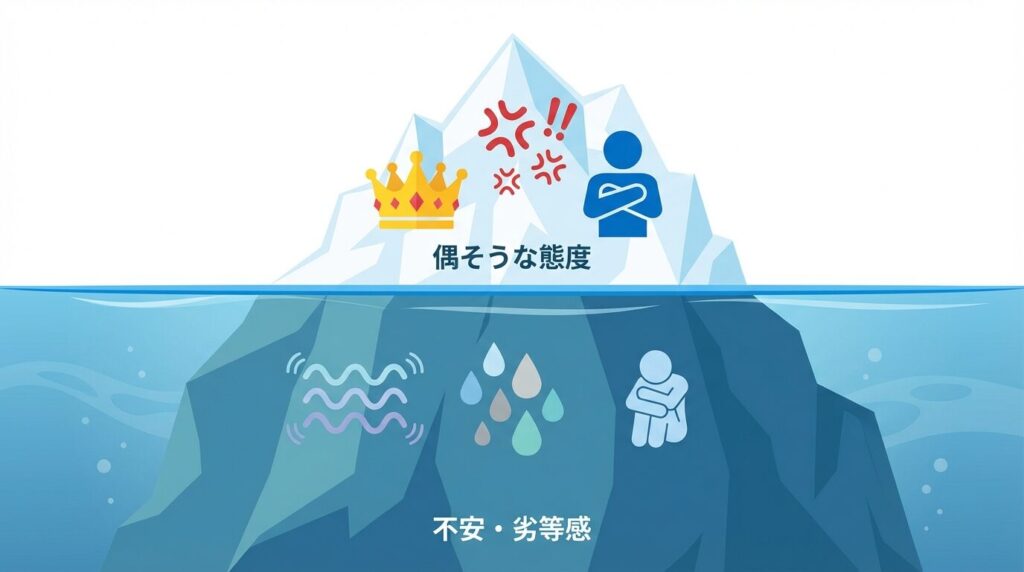 攻撃的な態度の深層構造を表す氷山モデルの図解。水面上の偉そうな態度の裏側に、水面下の巨大な自信のなさや劣等感が隠れている構造。