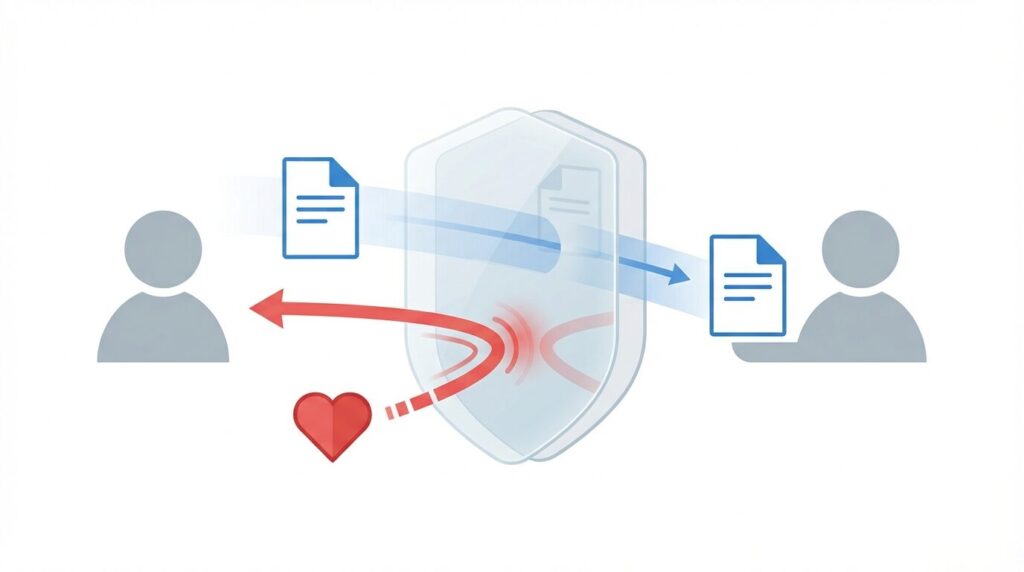 自分と相手の間に情報のフィルター（盾）を設置するイメージ図。業務上の連絡事項（書類など）はフィルターを通過するが、プライベートな話題（ハートマークや吹き出し）は跳ね返される様子