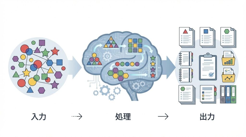 脳内で大量の情報を構造化・整理し、コンパクトな形で出力するまでの情報処理プロセスを示した概念図