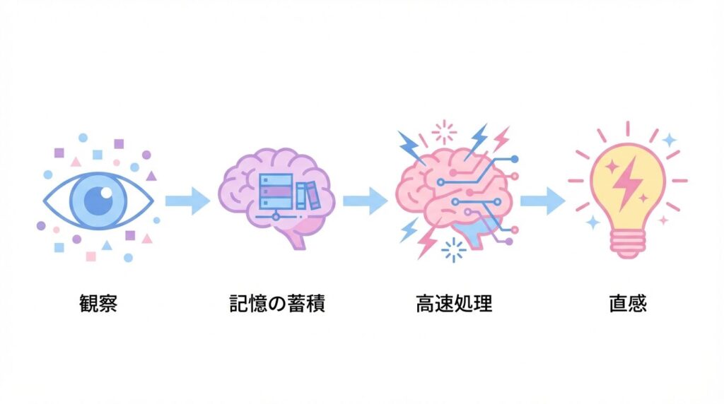 直感が答えを導き出すプロセスを示すフローチャート。日々の詳細な観察、脳内への記憶の蓄積、無意識下でのパターン照合を経て、直感的な答えが出力されるまでの流れ。