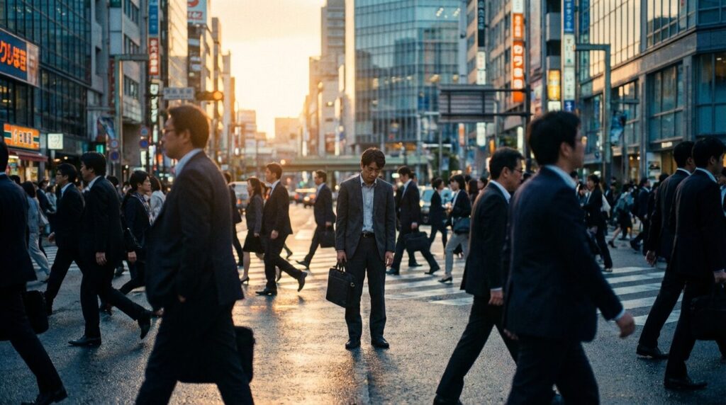 人混みの中で誰からも相手にされず孤立している男性の様子。人をなめている人が最終的にたどる信頼を失った末路を表現している。