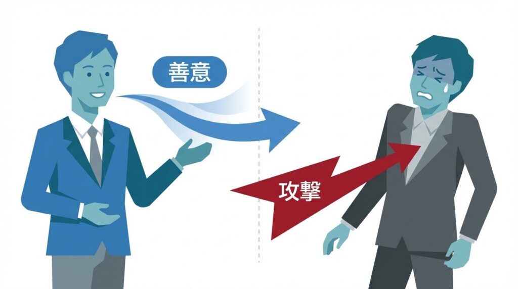 正義感のすれ違いを示す図解。話す側の「善意」が受け手には「攻撃」として伝わっている認識のギャップを対比する矢印で表現している。