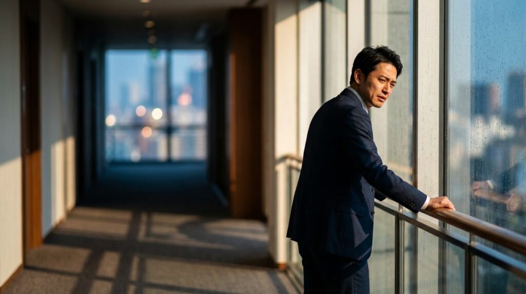 夕暮れのオフィスで一人佇み、過去を振り返るような表情を見せる日本人男性。人を苦しめた人が迎える孤独な末路と、因果応報が自分に返ってくる様子を暗示している。