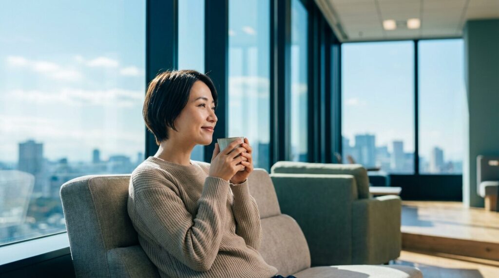オフィスの窓際でコーヒーを飲みながらリラックスし、穏やかな表情を見せる日本人女性社員。体調悪いのに出勤してくる人への悩みを手放し、自分の健康を優先する前向きな姿勢。
