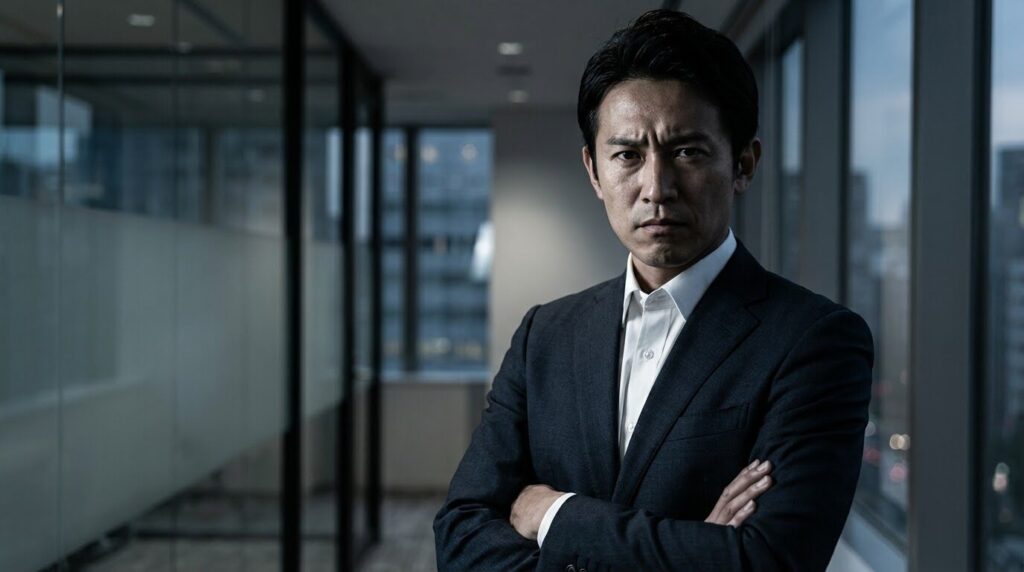 自信満々な表情で腕組みをして自説を話す日本人男性の様子。正論ばかり言う人の特徴的な心理である強い正義感や自信、完璧主義な一面を表現している。