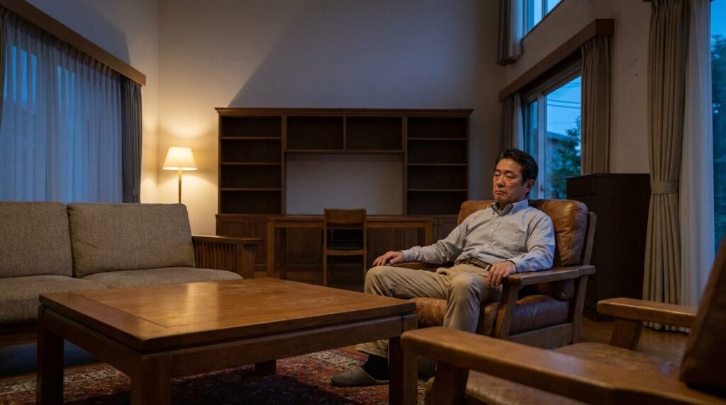 夕暮れ時の静まり返ったリビングで、一人ぼっちでソファに座り孤独を感じている50代の日本人男性。家族からの信頼を失い孤立してしまった外面がいい人の悲しい末路を象徴している。