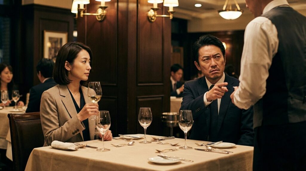 レストランで店員に対して横柄な態度を取る男性を、向かいの席から冷静に見極めようとしている30代の日本人女性。外面がいい人の本性を見分けるための重要なチェックポイントを示している。