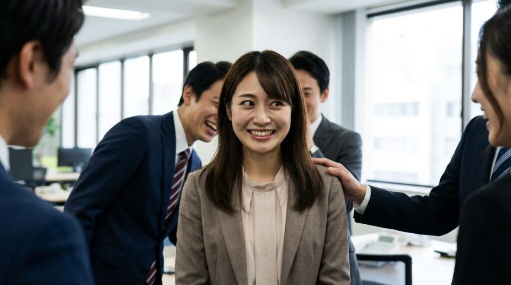 オフィスの同僚たちに囲まれ、過剰な笑顔で振る舞いながらも周囲の評価を気にしている20代の日本人女性。他人からの視線に怯える外面がいい人の心理的特徴を表している。