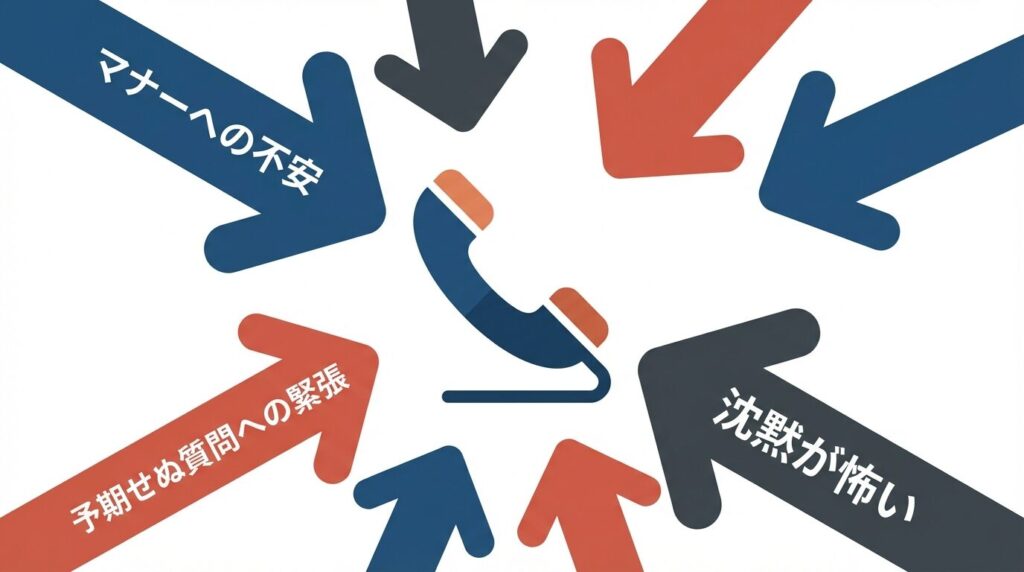 電話に対する心理的ハードルを示す図。中心の受話器に対し、「マナーへの不安」「沈黙が怖い」「予期せぬ質問への緊張」といった心理的要因が重圧としてかかっている様子。