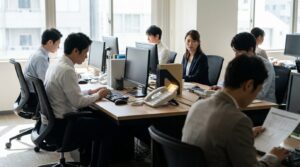 オフィスで鳴り続ける電話を周囲の同僚が無視しており、それを見た女性社員が電話に出ない人にむかつく感情を抱き困惑している様子。