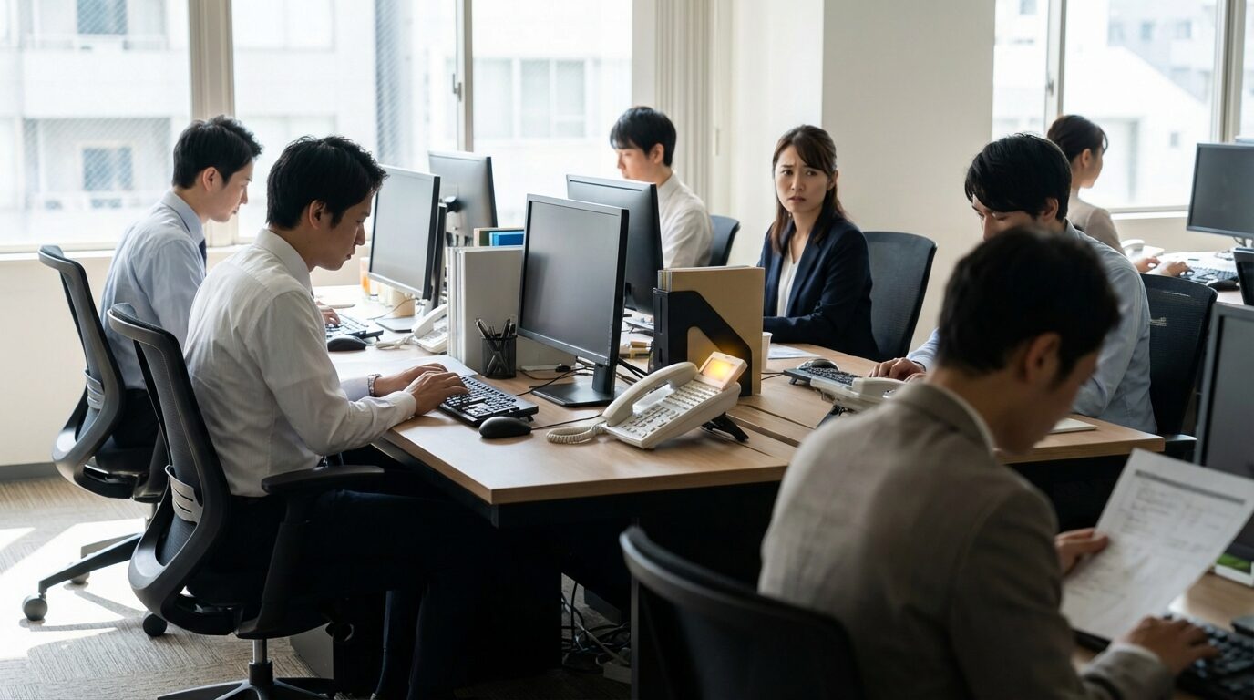 オフィスで鳴り続ける電話を周囲の同僚が無視しており、それを見た女性社員が電話に出ない人にむかつく感情を抱き困惑している様子。