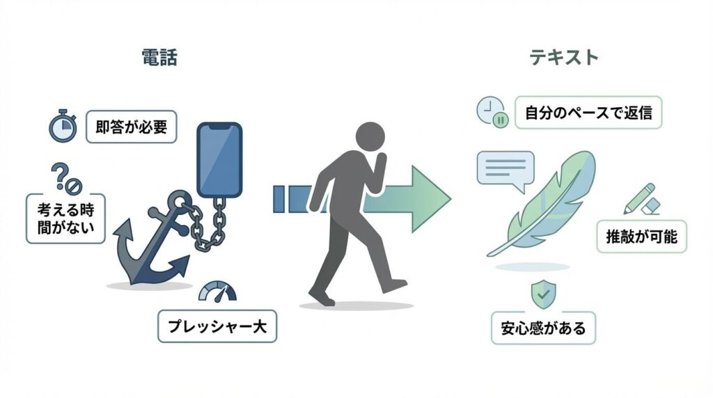 電話とテキストの心理的負担を比較した図。電話は「即答が必要」な重圧、テキストは「自分のペースで返信」できる安心感を表現し、慎重な人がテキストを好む傾向を示している。