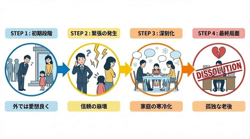 外面を重視し家庭を軽視し続けた結果、家族からの信頼を失い、会話が減り、最終的に家庭内での居場所を失うまでの過程を示したフローチャート