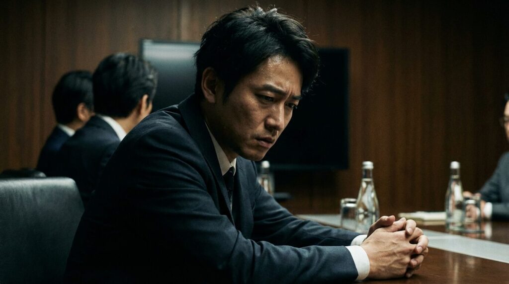 会議中に周囲の視線を気にして緊張している30代の日本人男性。声が小さい人の特徴である自信のなさや心理的背景にある不安を描写している。