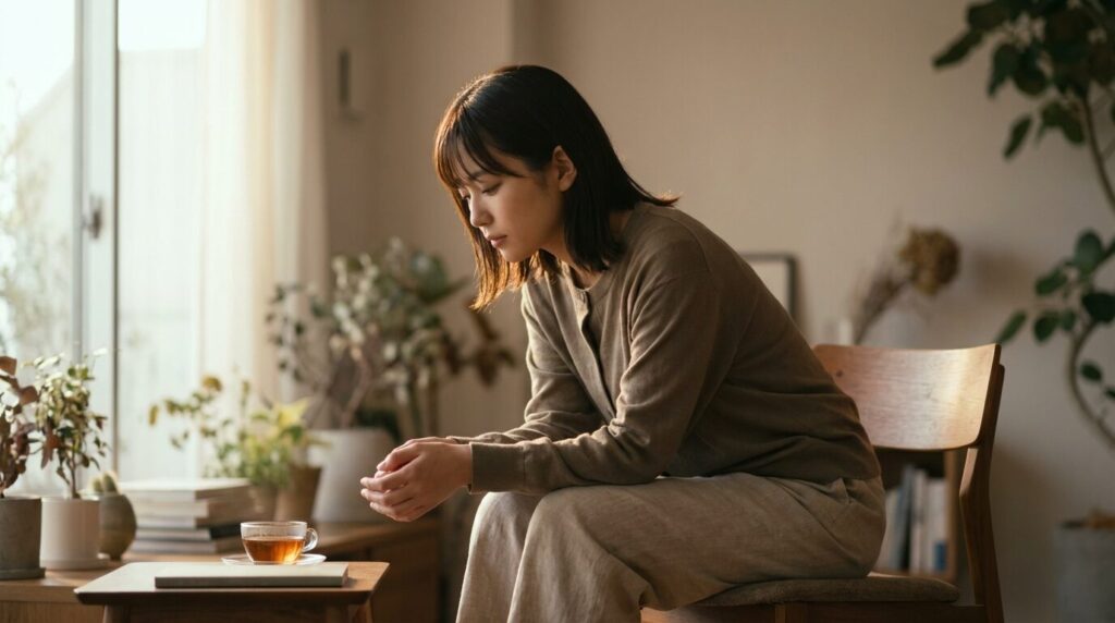 静かな部屋で少し伏し目がちに考え事をしている日本人の若い女性。字が小さくなる心理的背景にある、控えめな意識や内面的な不安を表している様子。