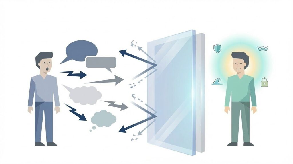 心理的な境界線(バウンダリー)を示すイメージ図。自分と相手の間に透明な壁があり、相手の言葉が手前で止まることで自分の心が守られている様子を描いている。