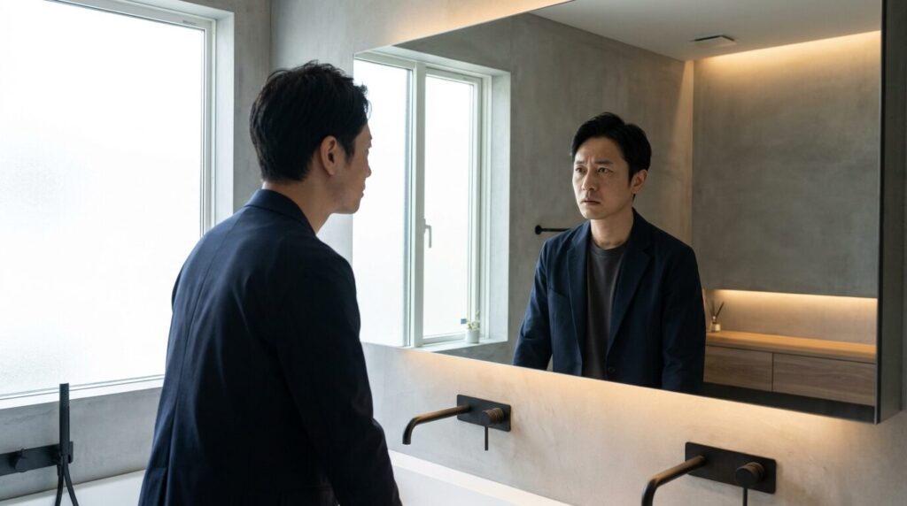 鏡の前で虚勢を張りつつも内面に不安を抱える男性の様子。人をなめる人の心理に潜む自信のなさや劣等感を象徴している。