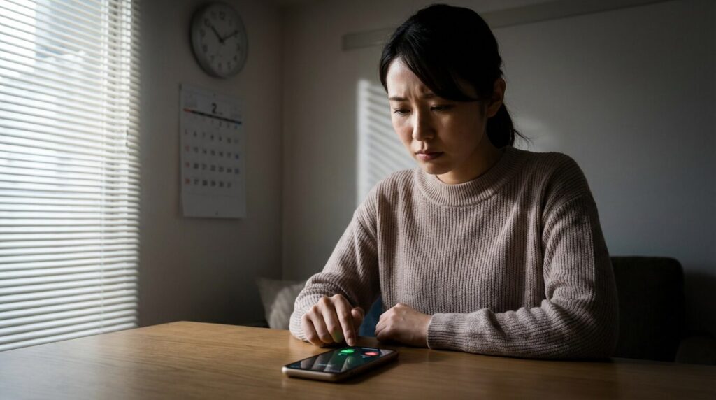 スマートフォンを手に持ちながらも着信に応答することを躊躇している日本人女性の不安げな表情。電話に出ない人の心理にある緊張や苦手意識を表している。