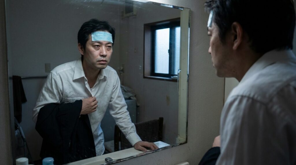 高熱があるにもかかわらず、責任感から無理をして出勤準備をする40代日本人男性の苦悩に満ちた表情。無理をしてでも出勤してくる人の心理的背景にある葛藤を描写。
