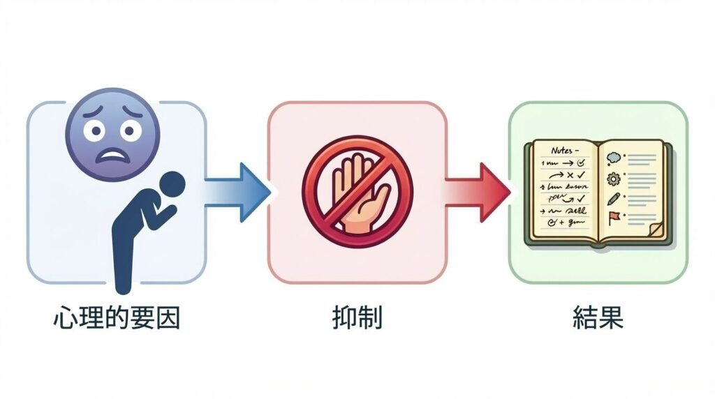 不安や謙虚さといった心理的要因が自己主張の抑制につながり、結果として文字が小さくなるメカニズムを示した因果関係図
