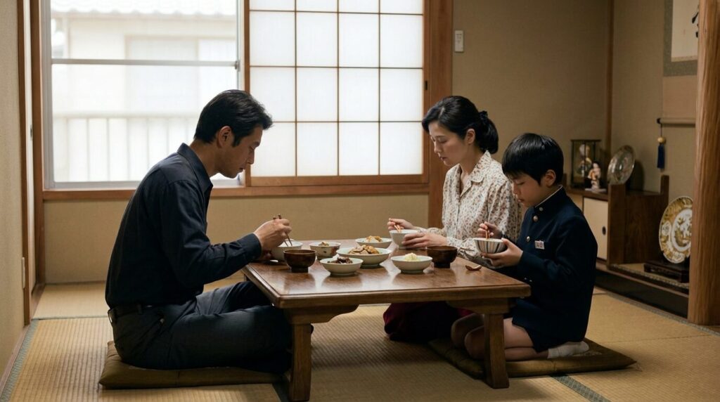 静かで厳格な家庭環境の中で食事をしている日本人の親子。幼少期の育ちや家庭環境が声が小さい人の形成にどのように影響するかを示唆している。