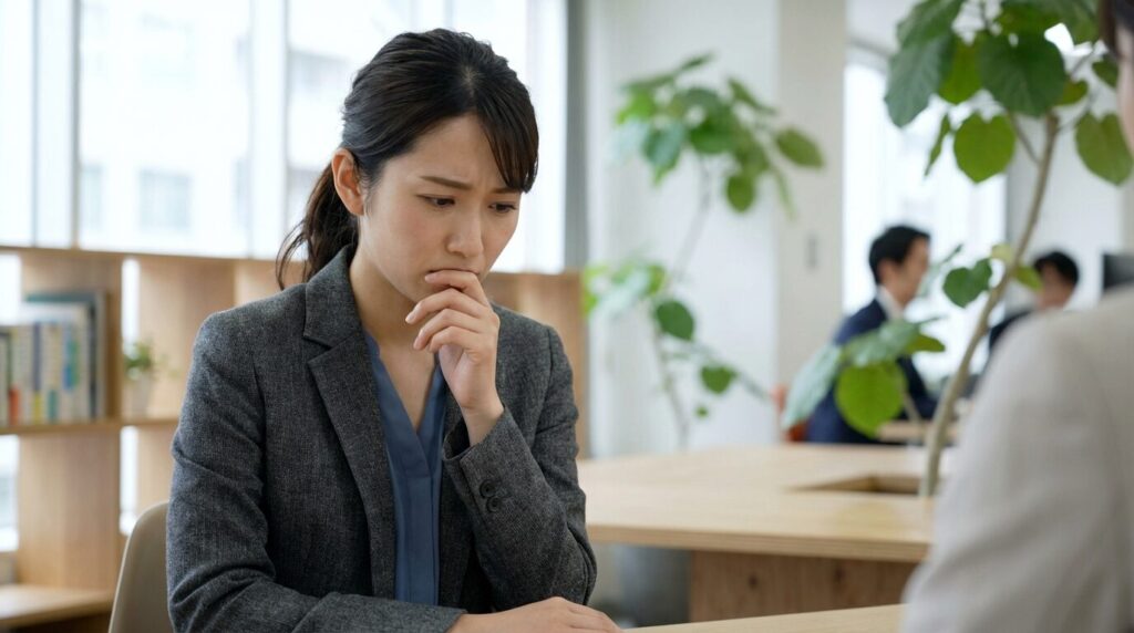 オフィスで発言しようとして躊躇している自信なさげな20代の日本人女性。声が小さい人の育ちや心理的特徴を理解し、イライラへの対処法を学ぶためのイメージを表している。