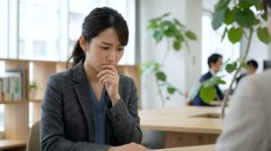 オフィスで発言しようとして躊躇している自信なさげな20代の日本人女性。声が小さい人の育ちや心理的特徴を理解し、イライラへの対処法を学ぶためのイメージを表している。